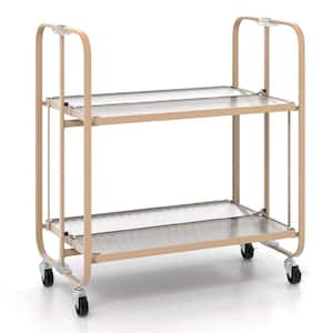 2-tier Foldable Kitchen Bar Cart Mobile Tempered Glass Serving Cart w/Handle