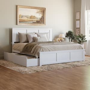 Madison White Solid Wood Frame King Platform Bed with Matching Footboard and Storage Drawers