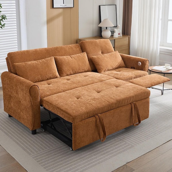 82 in. Innovative 2-in-1 Orange Chenille Twin Size Sofa Bed with Reversible Recliner, USB Charging Ports