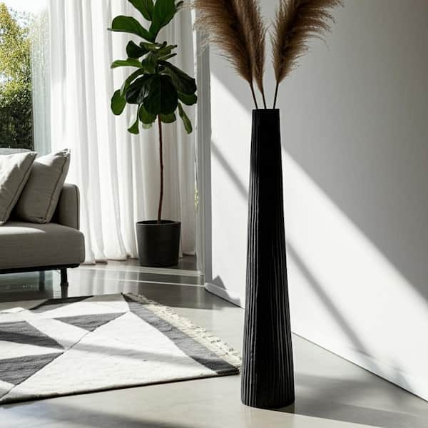 58 in. Black Metal Cylinder Ribbed Textured Finish Floor Vase