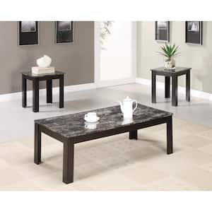 3-Piece Black Rectangle Marble Coffee Table Set with Marble Looking Top
