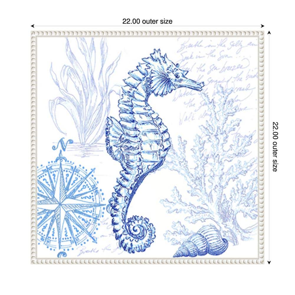 22" Coastal Sketchbook Sea Horse Blue and White Canvas Print