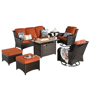 Joyoung Brown 7-Piece Wicker Patio Rectangle Fire Pit Conversation Set with Orange Red Cushions and Swivel Chairs