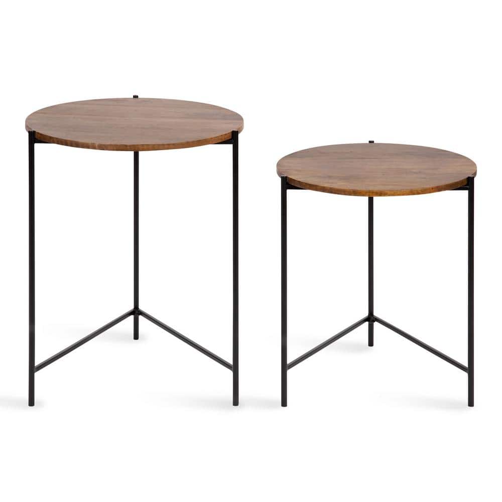 Ulani Natural Wood and Black Metal Round Nesting Tables