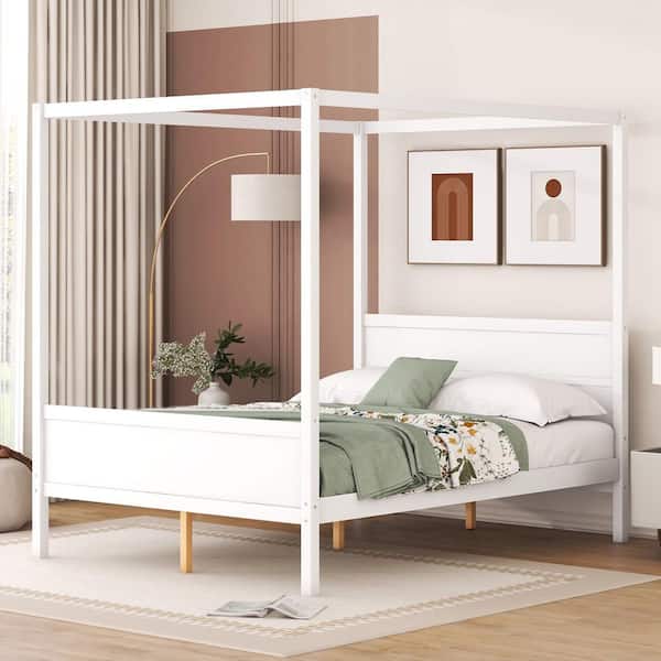 White Frame Queen Size Canopy Bed with Headboard and Footboard, Slat Support Leg