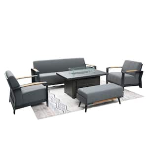 Bruce Dark Gray 5-Piece Aluminum Patio Fire Pit Seating Set with Acrylic Cushions and Bench