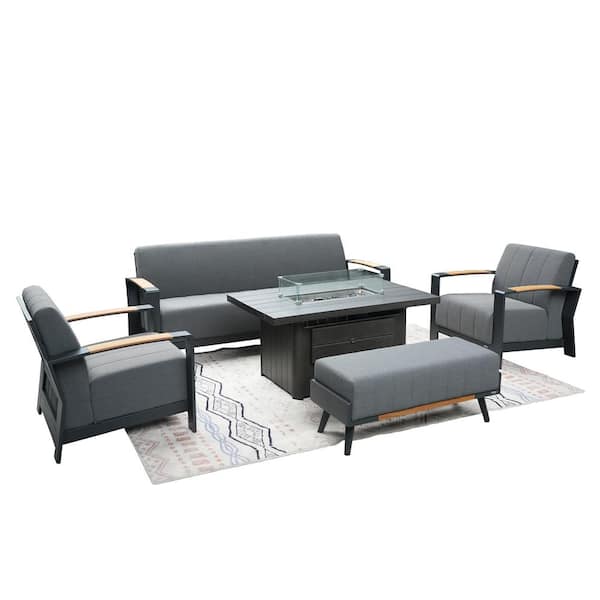 DIRECT WICKER Bruce Dark Gray 5-Piece Aluminum Patio Fire Pit Seating Set with Acrylic Cushions and Bench