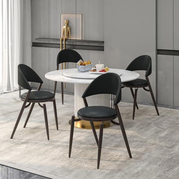 Leisuremod Black Venice Upholstered Leather Modern Dining Chair with Metal Legs Set of 4