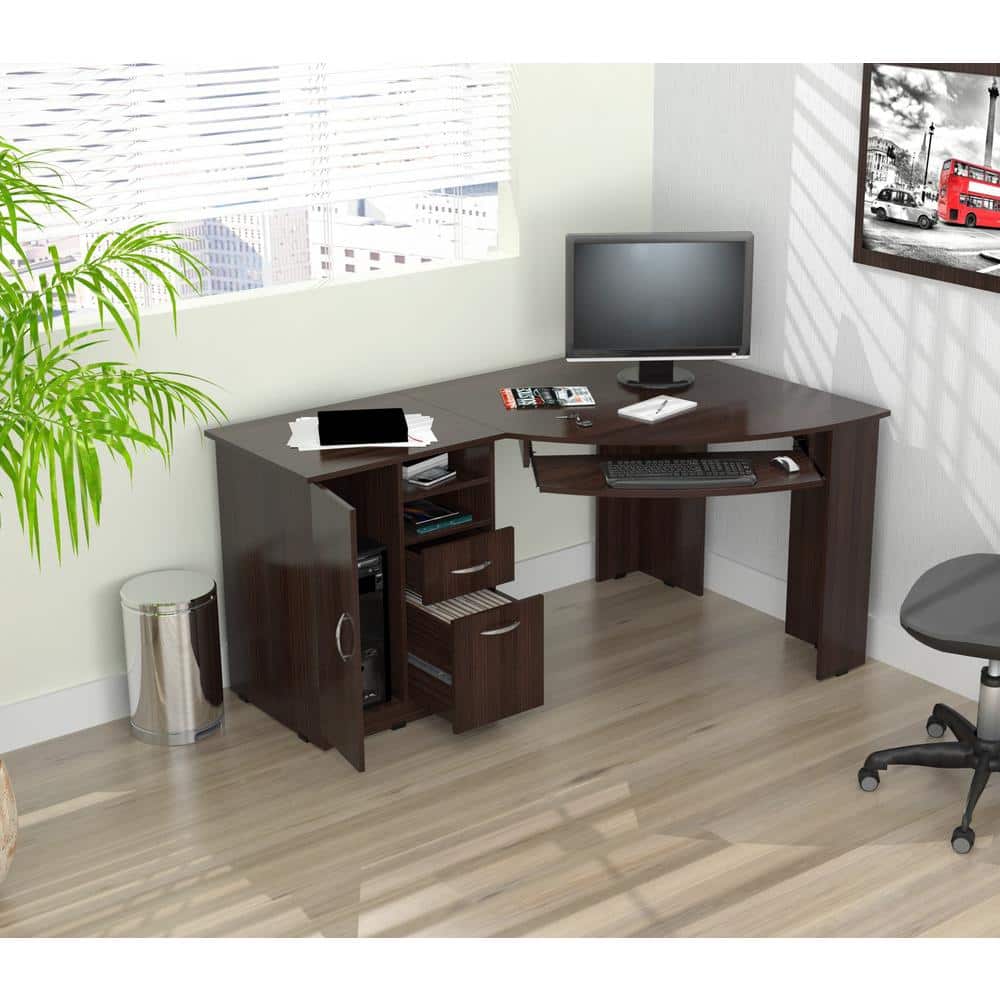 Espresso Wengue L-Shaped Corner Workstation with Drawers & CPU Storage