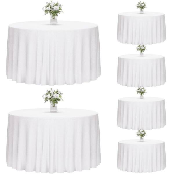 6 Pack 120in Round White Polyester Tablecloths, Washable Reusable Party Table Covers