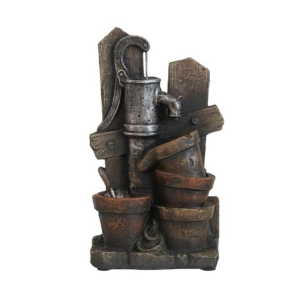 canadine 7.7 in. x 3.9 in. x 13.6 in. Brown and Gray Water Fountain with Antique Water Pump Design and LED Light