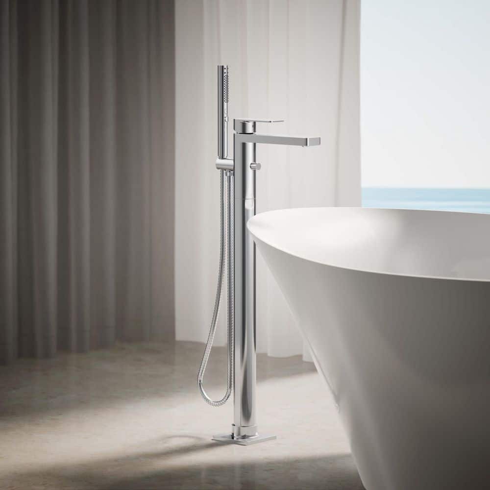 Polished Chrome Floor-Mount Bath Filler with Handshower