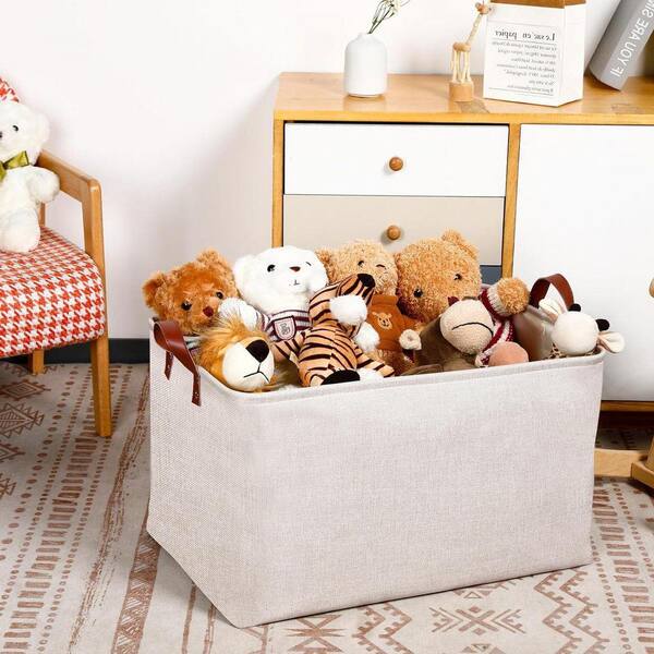 Beige 22 in. x 13 in. Linen Decorative Basket with PU Handles and