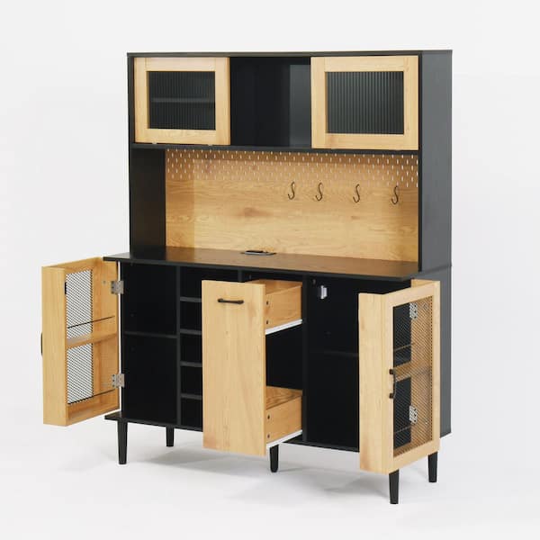 Otryad Buffet Sideboard Cabinet with Storage Door and Power Outlet, Coffee Bar Cabinet with Wine Rack, Kitchen Pantry in Black