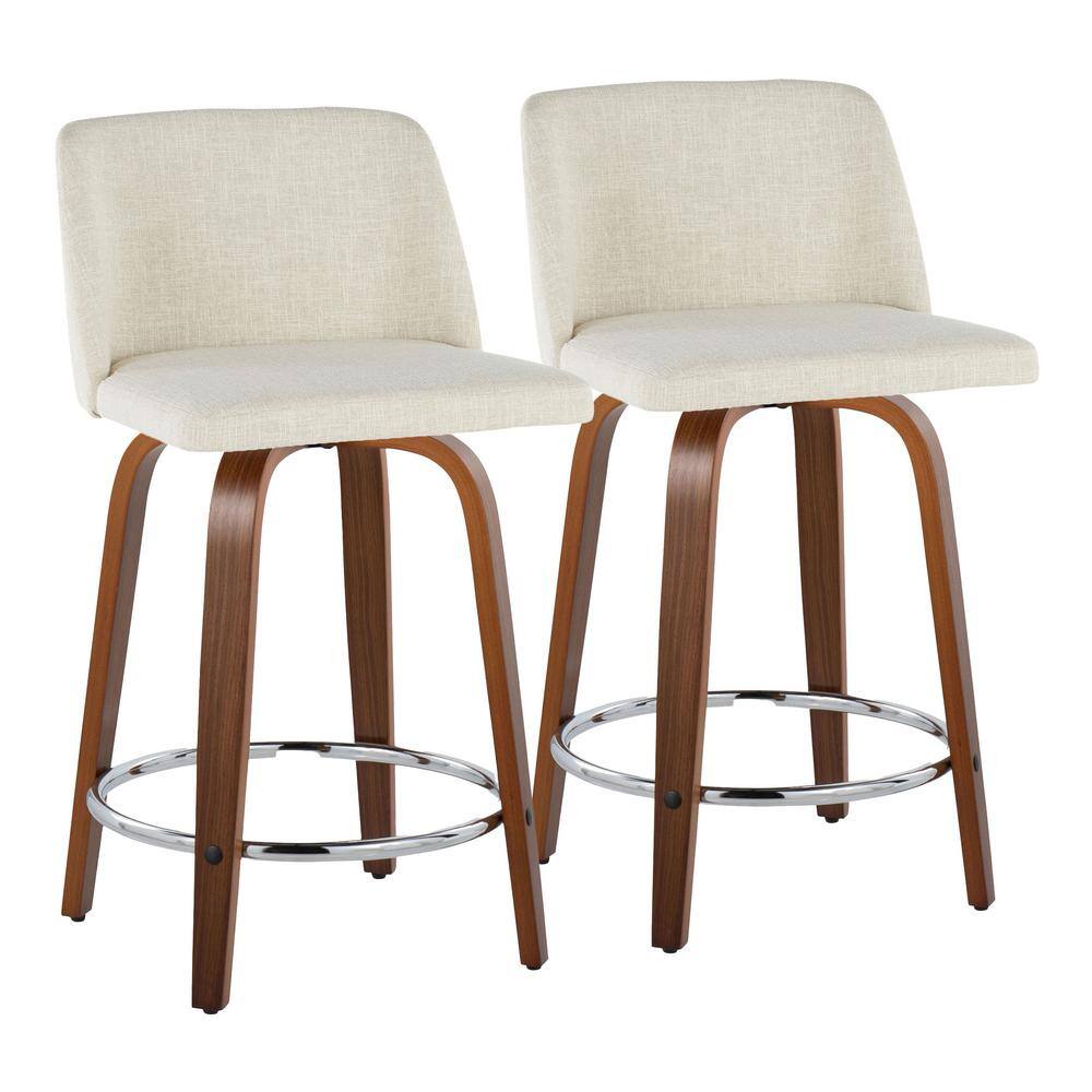 Cream Fabric Walnut Wood Swivel Counter Stools, Set of 2