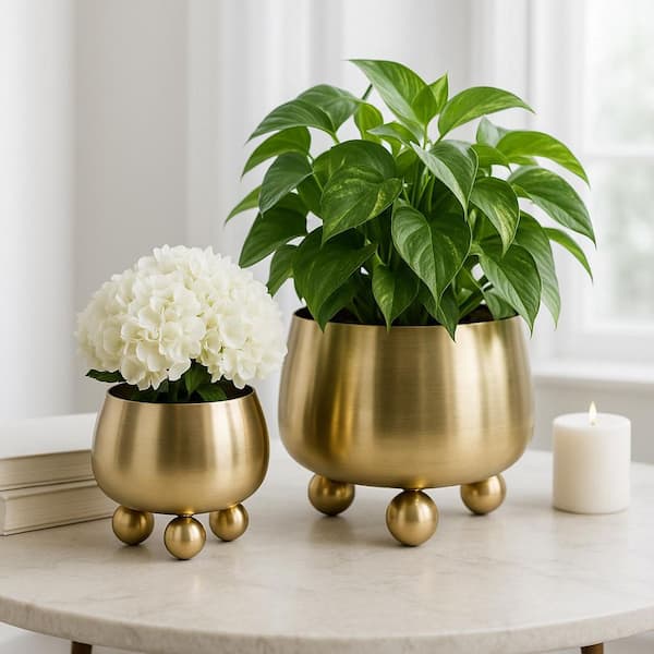 9 in. and 11 in. Gold Metal Planters with Ball Feet (Set of 2)