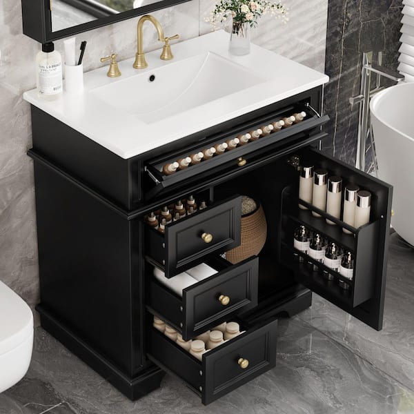 30 in. Freestanding Black Bath Vanity with White Ceramic Top and 4 Drawers Bathroom Storage Cabinet Unassembled