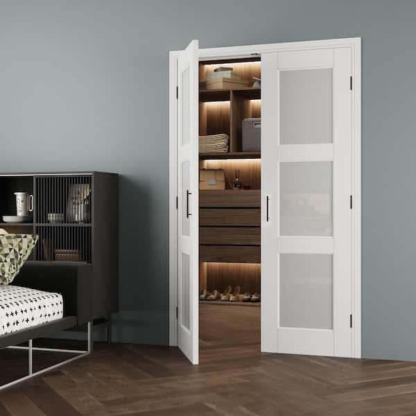 48 in. x 80 in. 3-Lite Frosted Glass Universal White Solid Core Glass French Bi-fold Door + Separate Jamb and Ball Catch