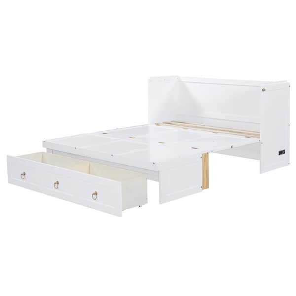 Qualler White Wood Frame Queen Size Murphy Bed with USB Port and Drawer