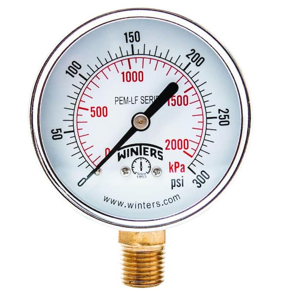 Winters Instruments PEM-LF Series 2.5 in. Lead-Free Brass Pressure Gauge with 1/4 in. NPT LM and 0-300 psi/kPa