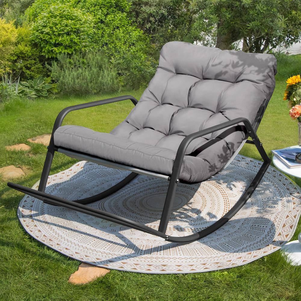 Oversized Gray Metal Outdoor Rocking Chair Papasan Lounge Chair with Grey P