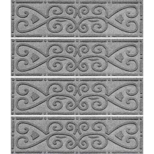 Bungalow Flooring Waterhog Scroll 8.5 in. x 30 in. PET Polyester Indoor Outdoor Stair Tread Cover (Set of 4) Medium Gray