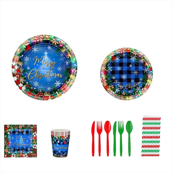 192-Piece Christmas Paper Plates and Napkins, Merry Chirstmas Party Tableware Decorations, Blue