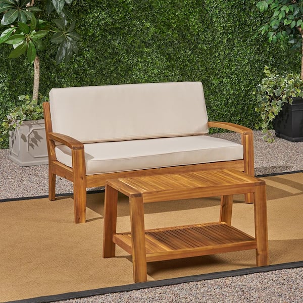 Grenada Teak Brown 2-Piece Wood Outdoor Patio Conversation Set with Beige Cushions