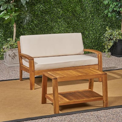 Grenada Teak Brown 2-Piece Wood Patio Conversation Set with Beige Cushions