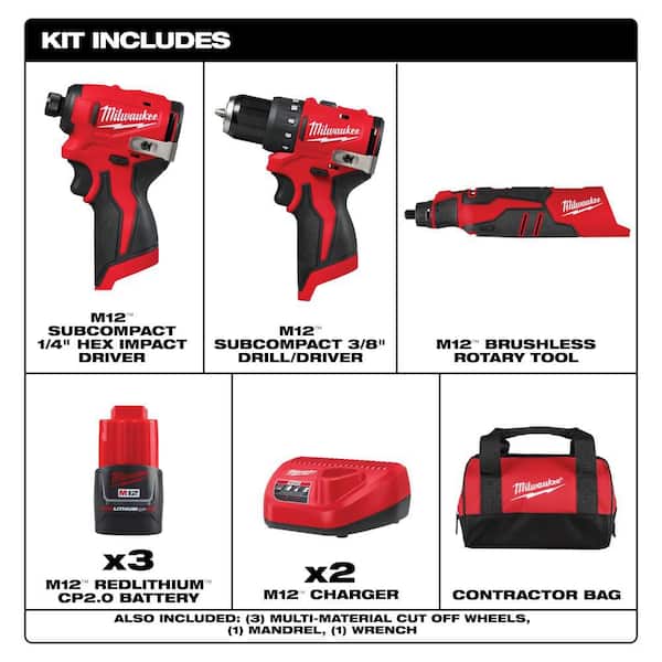 M12 12-Volt Lithium-Ion Brushless Cordless Subcompact Drill and Impact Driver Combo Kit with Rotary Tool (3-Tool)