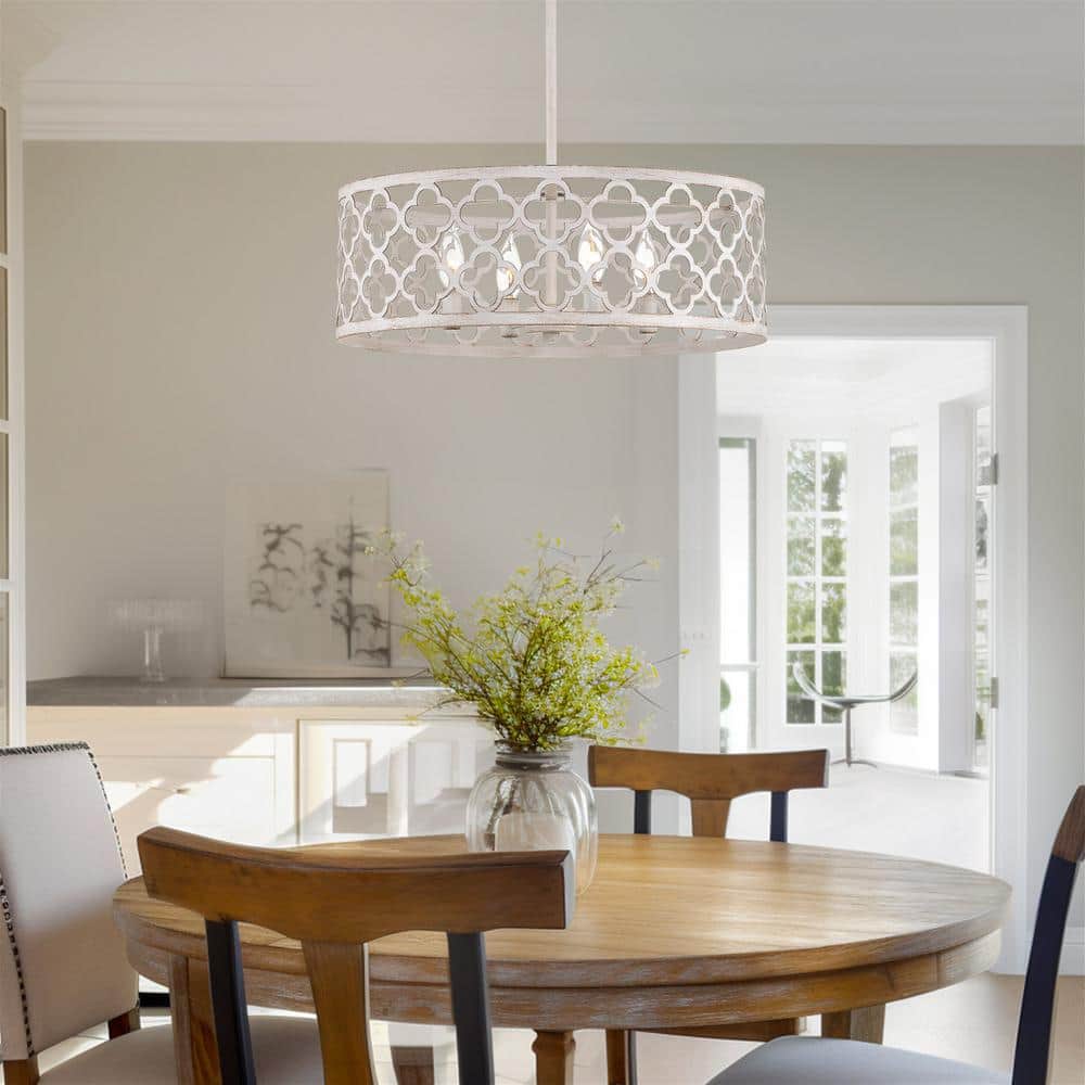 Antique White Metal Drum Chandelier with Quatrefoil Design