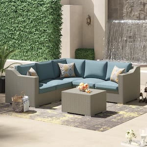 Grey Martinka 6-Piece Wicker Outdoor Sofa Set with Blue Cushions