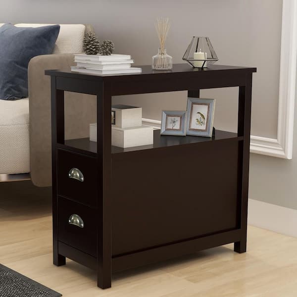 Oyang End Table, Small Bedside Tables with Drawer, Side Table with 2-Tier  Storage Shelves, Narrow Wood Night Stand