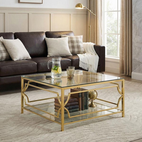 Safavieh アレンゴールドドリープレトロコーヒーテーブル SAFAVIEH Allene 48 in. Gold/Glass Coffee Table FOX2601A - The Home