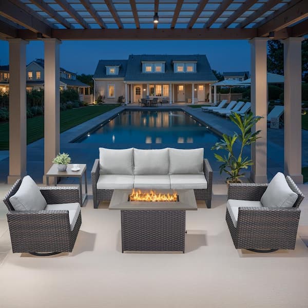 moosprr U-Frame 5-Piece Brown Wicker Fire Pit Conversation Set with Olefin Beige Cushions and Rectangle Fire Pit Table