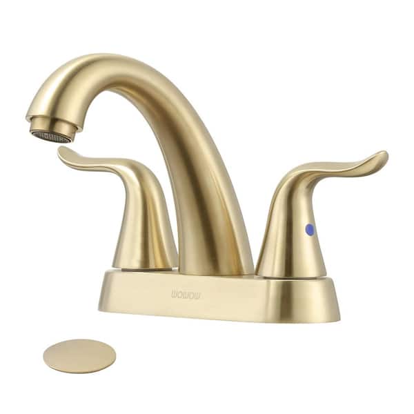 WOWOW 4 in. Centerset Double Handle High Arc Bathroom Faucet with Drain Kit Included in Brushed Gold