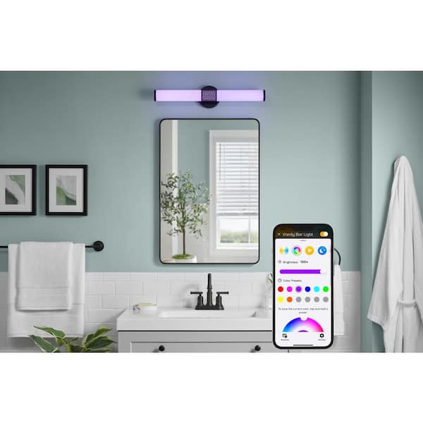 PENROSE 24 in. SMART Matte Black Perforated LED Vanity Light Wireless Powered by Hubspace 2700K-5000K Night Light Mode