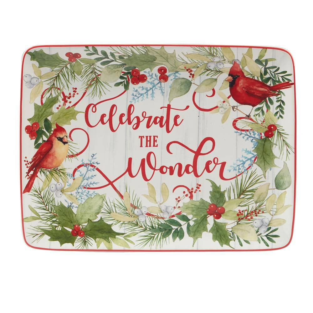  12 in. Multi-Colored Earthenware Winter Greens Rectangular Platter