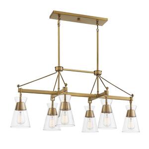 Lakewood 40 in. W x 17 in. H 6-Light Warm Brass Linear Chandelier with Clear Glass Shades