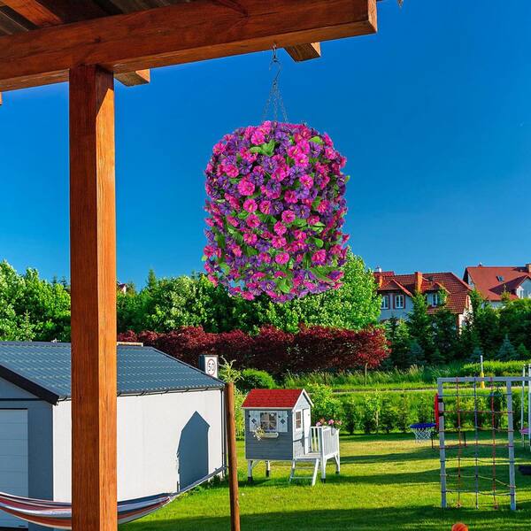 25 in. Red Outdoor Artificial Flowers with Hanging Basket Garden