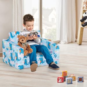 2-in-1 Convertible Blue Kids Sofa Flip Open Couch with Sturdy Sponge Construction and Velvet Fabric Light