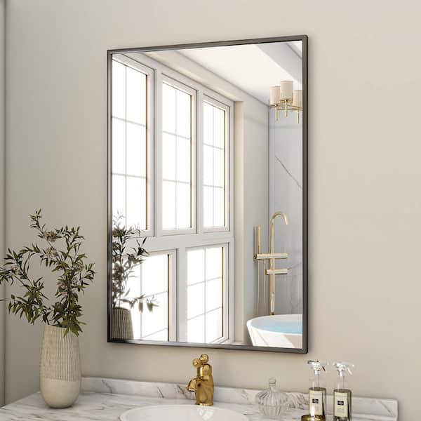 XRAMFY 26 in. W x 38 in. H Rectangular Aluminum Alloy Framed Modern Black Wall Mirror