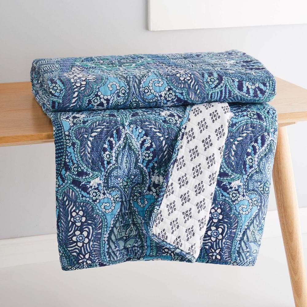 Bellamy Teal and White Reversible Cotton Damask Throw
