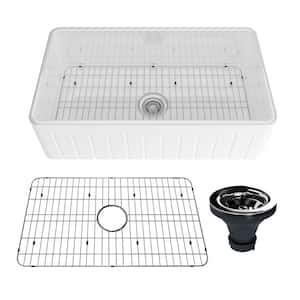 Fireclay 33 in. Striped Design Reversible Installation Single Bowl Farmhouse Apron Kitchen Sink with Grid and Strainer