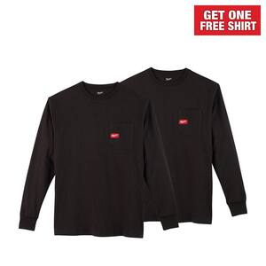 Men's X-Large Black Heavy-Duty Cotton/Polyester Long-Sleeve Pocket T-Shirt (2-Pack)