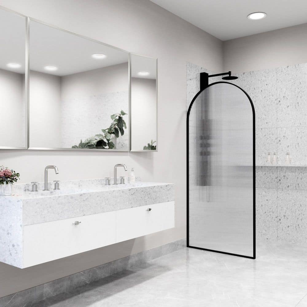 Arden 34" Matte Black Fluted Glass Shower Screen