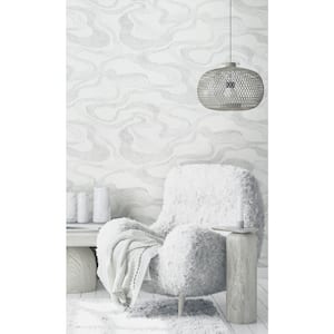 Kumano Collection White Abstract Flow Design Pearlescent Finish Non-Pasted Vinyl on Non-Woven Wallpaper Roll