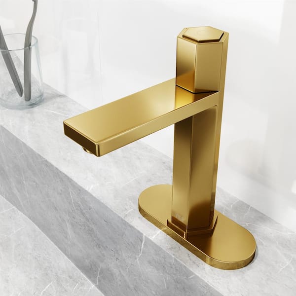 VIGO Nova Single Handle Single-Hole Bathroom Faucet Set with Deck Plate in Matte Brushed Gold