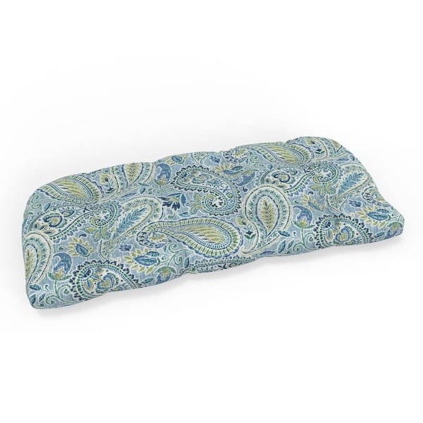 Pillow Perfect Paisley 44 in W x 5 in H Rectangular Outdoor Tufted Wicker Loveseat Bench Cushion 1-Count in Blue Arctic Stone