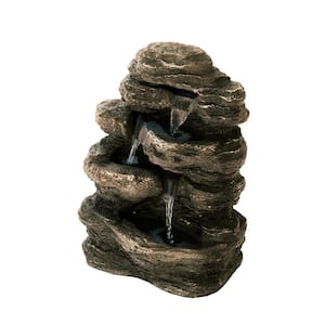 23.6 in. H Polystone/Stone Powder Classic Stacked Rock Waterfall Fountain, LED Lights and Pump, Multilevel Water Feature